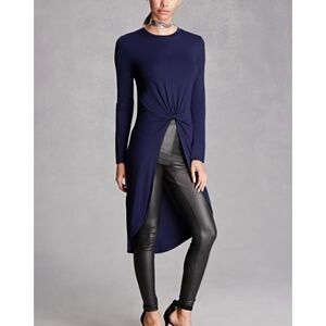 Forever 21 Style Biz Open Slit Knot Front Longline Long Sleeve Tunic Top Medium.